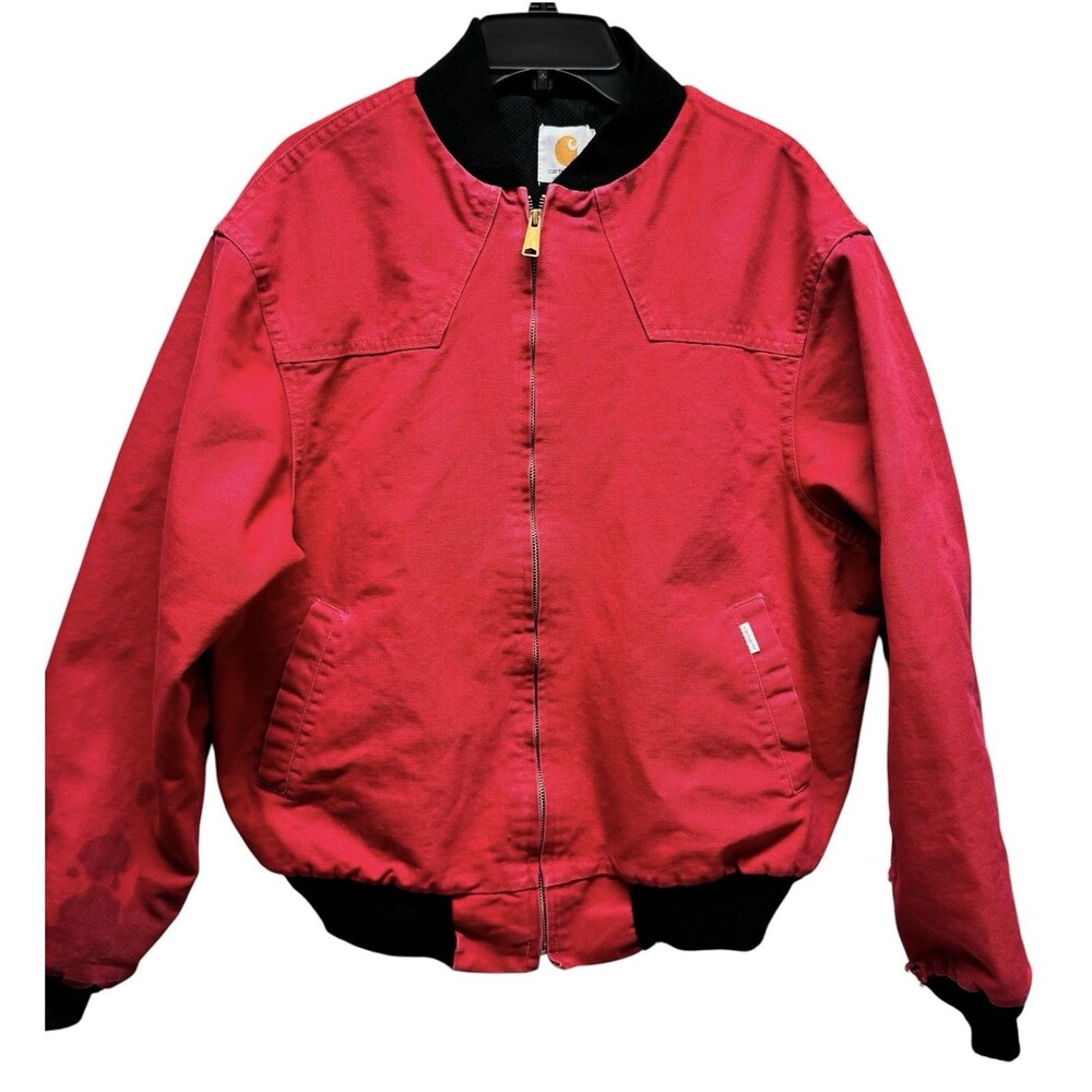 Vintage 90s Carhartt Santa Fe Bomber Jacket Red Black Duck Canvas Workwear L/XL